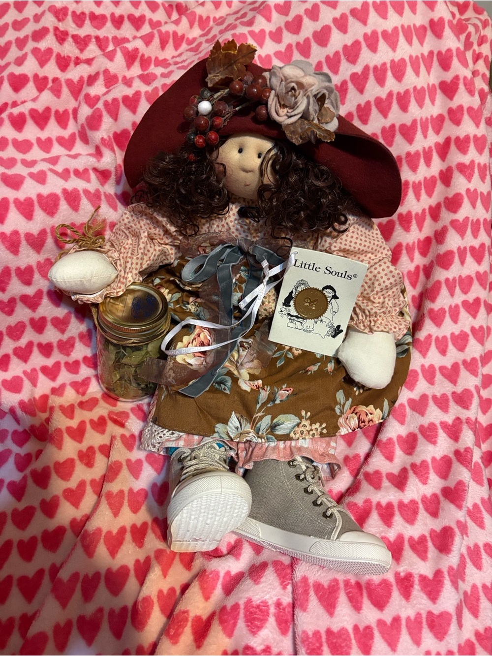 Brown Floral Rag Doll with Burgundy Hat